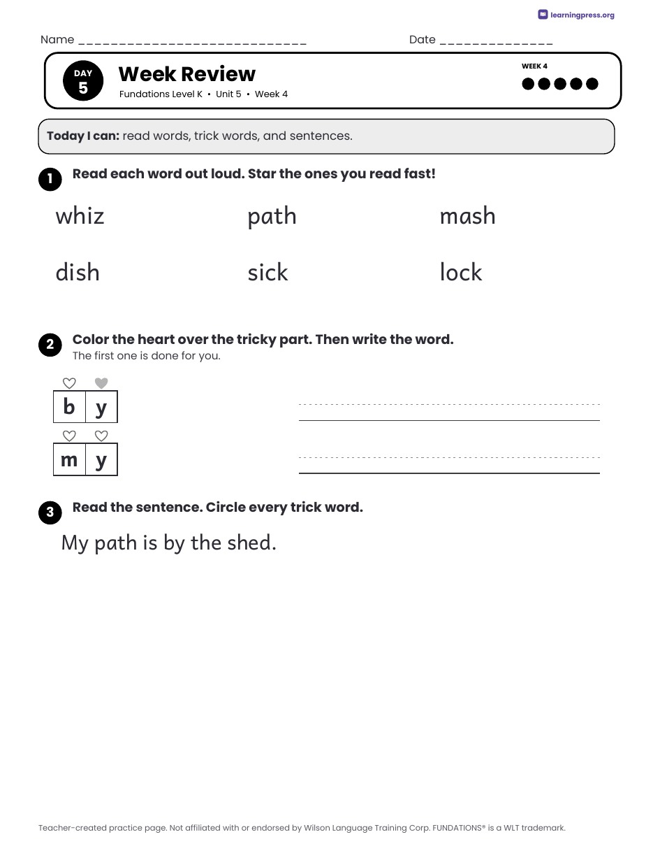 Preview page 3 of Fundations Level K Unit 5 Daily Lesson Work Pages