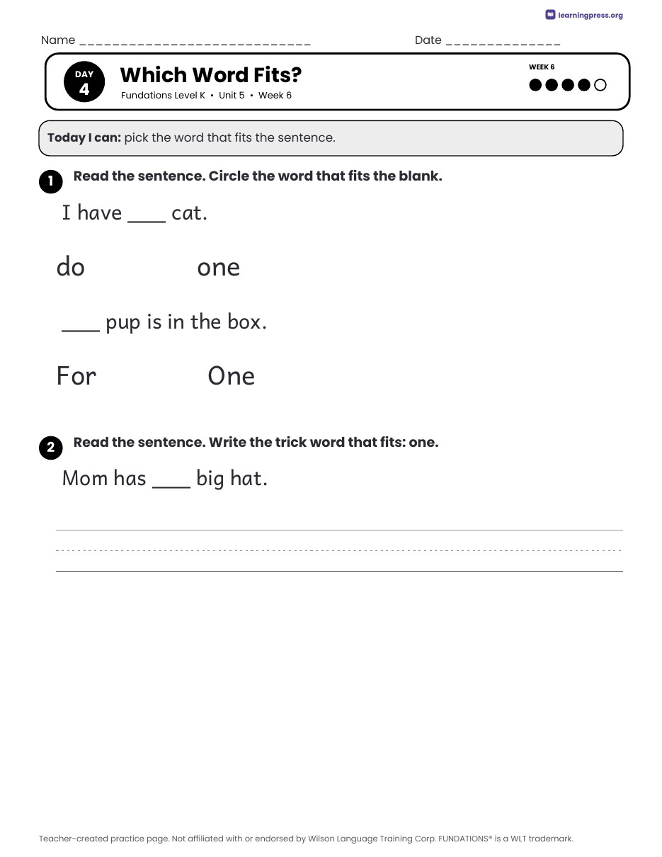 Preview page 4 of Fundations Level K Unit 5 Daily Lesson Work Pages