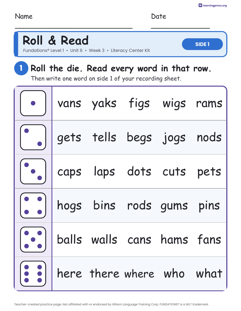 Preview page 1 of Fundations Level 1 Unit 6 Week 3 Literacy Center Kit
