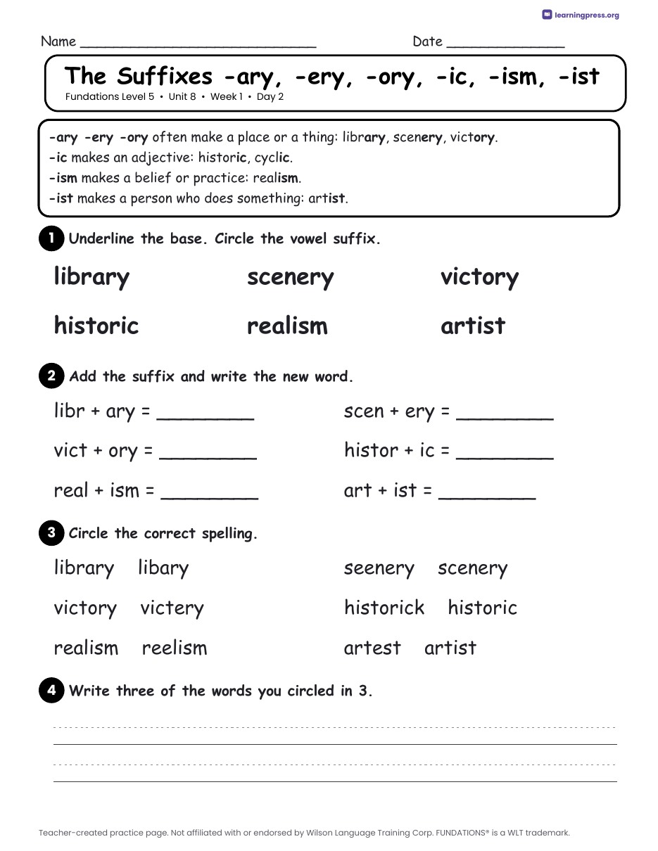 Preview page 1 of Fundations Level 5 Unit 8 Daily Lesson Work Pages