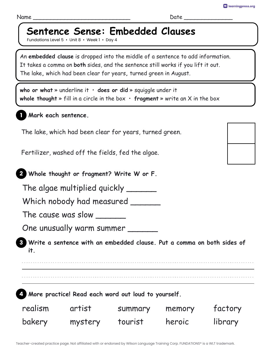 Preview page 2 of Fundations Level 5 Unit 8 Daily Lesson Work Pages