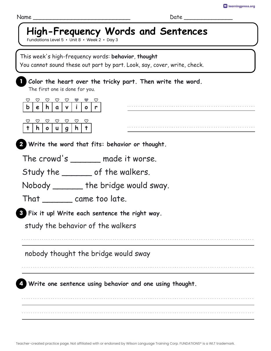 Preview page 4 of Fundations Level 5 Unit 8 Daily Lesson Work Pages