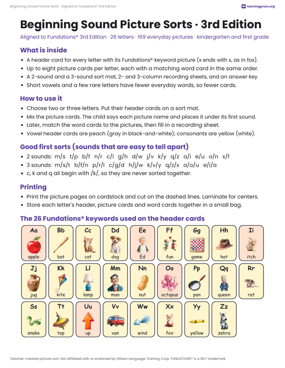 Preview page 2 of Beginning Sound Picture Sorts · Aligned to Fundations® 3rd Edition