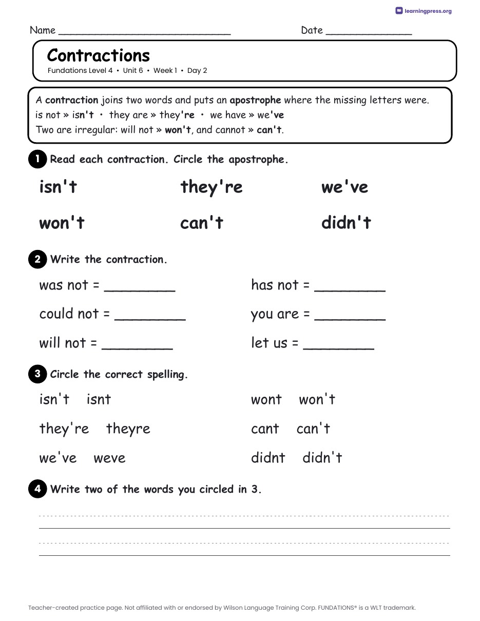 Preview page 1 of Fundations Level 4 Unit 6 Daily Lesson Work Pages