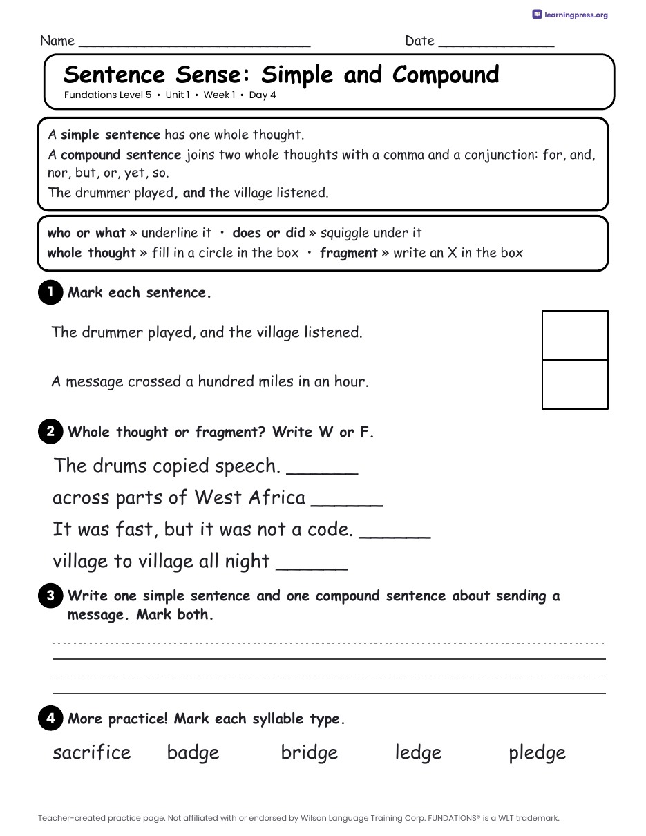 Preview page 2 of Fundations Level 5 Unit 1 Daily Lesson Work Pages