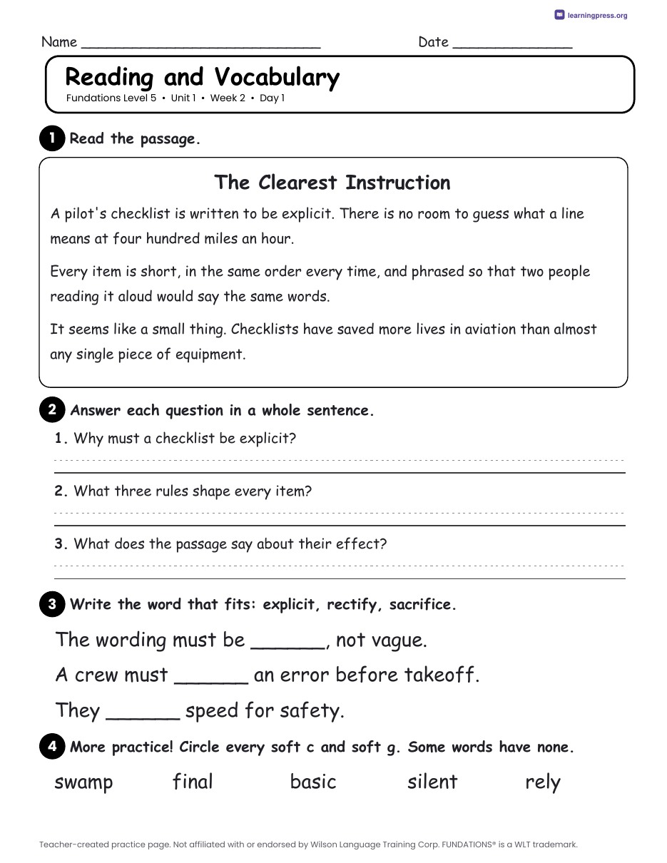 Preview page 3 of Fundations Level 5 Unit 1 Daily Lesson Work Pages