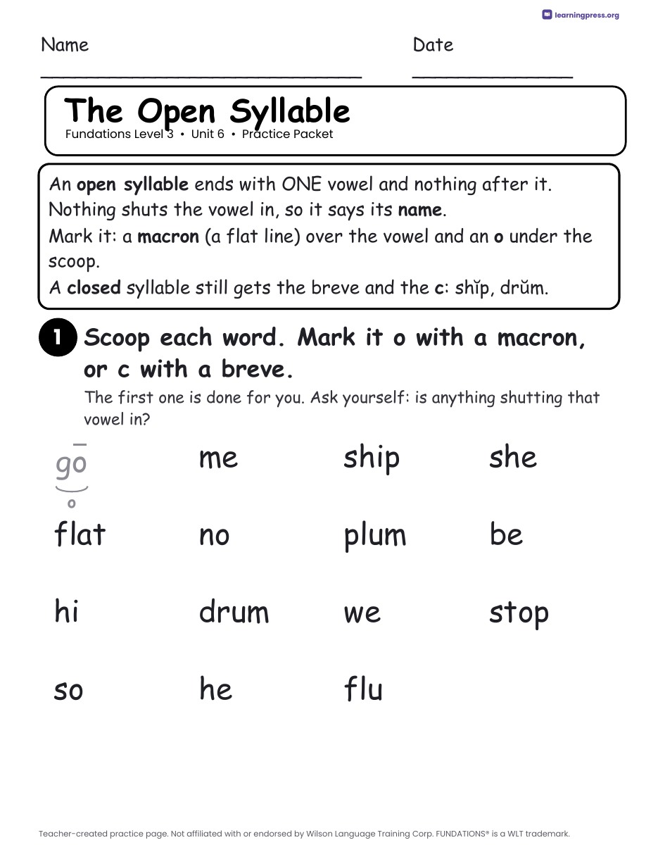 Preview page 1 of Fundations Level 3 Unit 6 Practice Packet