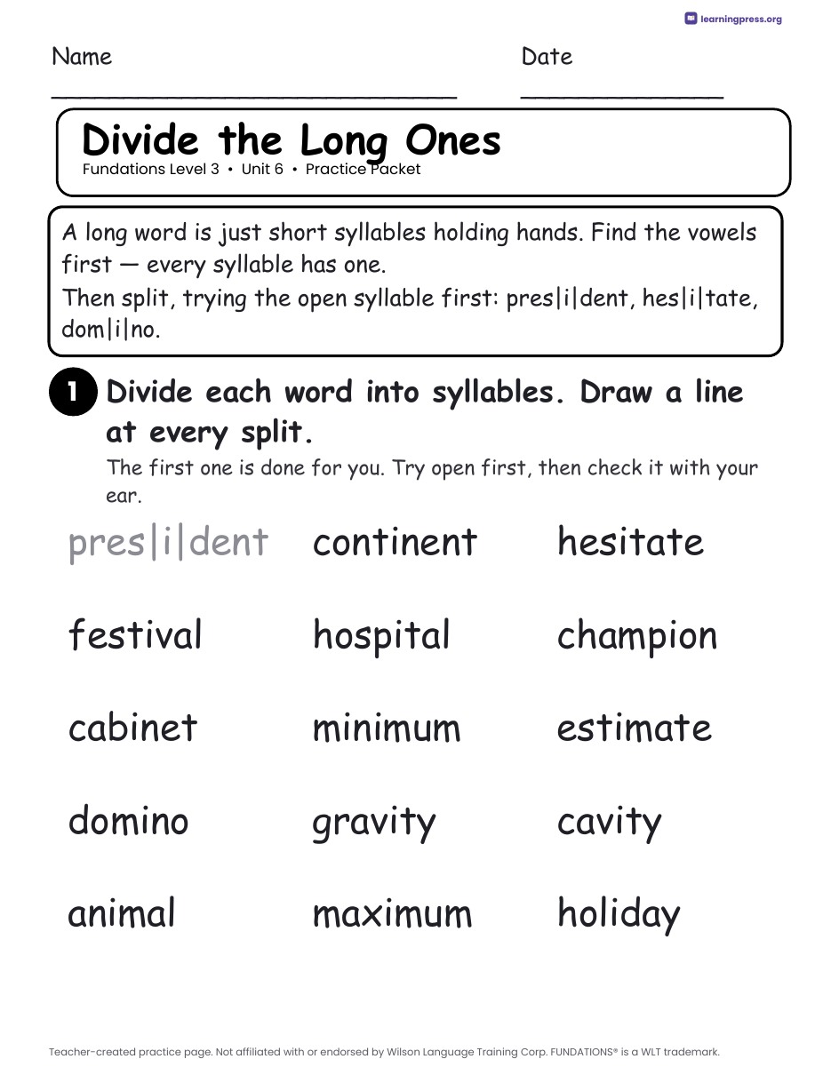 Preview page 2 of Fundations Level 3 Unit 6 Practice Packet