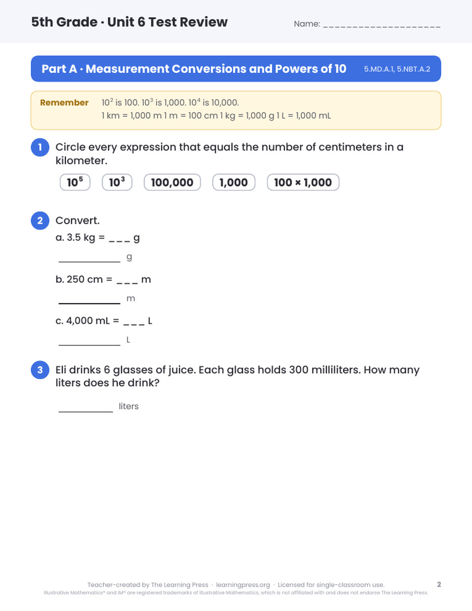 Preview page 1 of Illustrative Math (IM®) Aligned 5th Grade Unit 6 Test Review