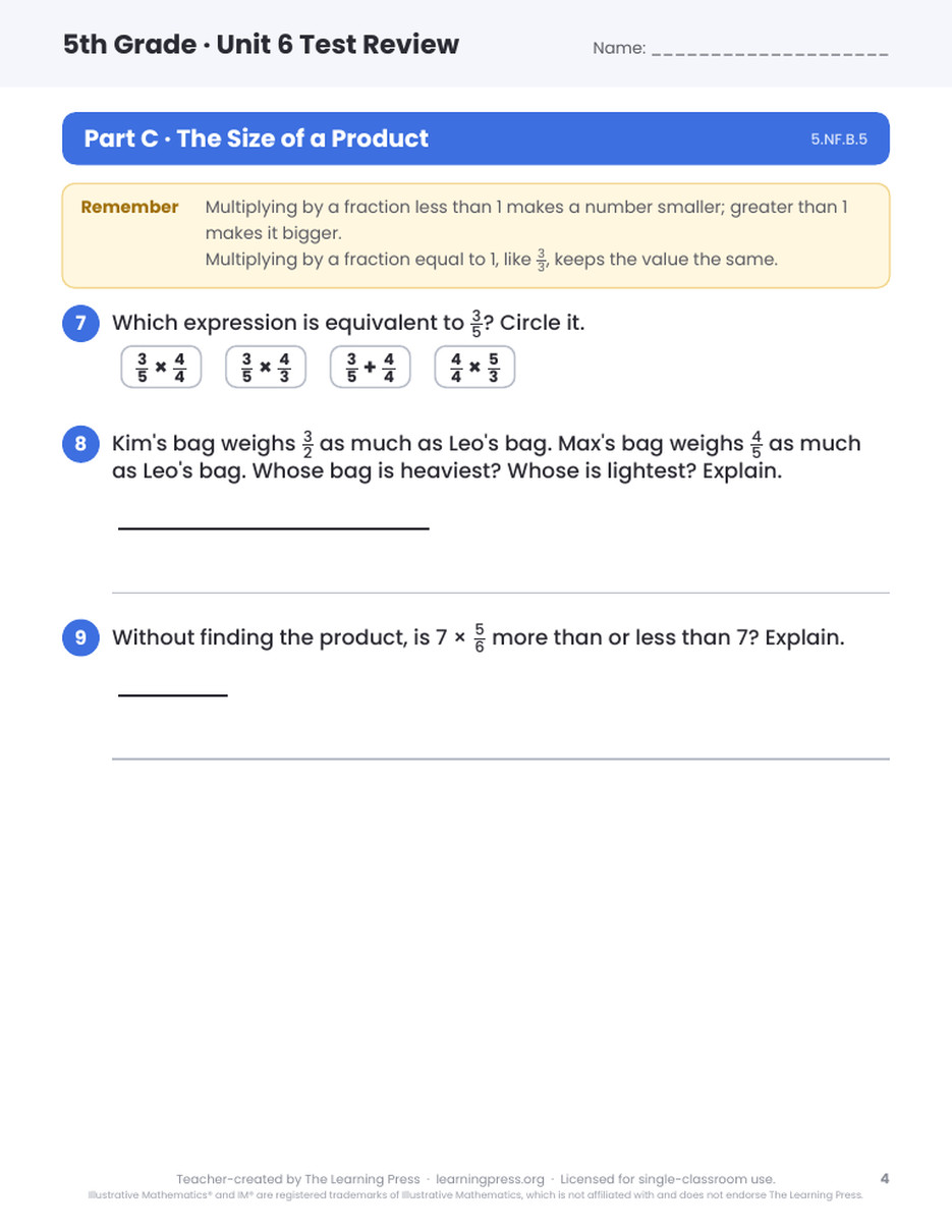 Preview page 3 of Illustrative Math (IM®) Aligned 5th Grade Unit 6 Test Review