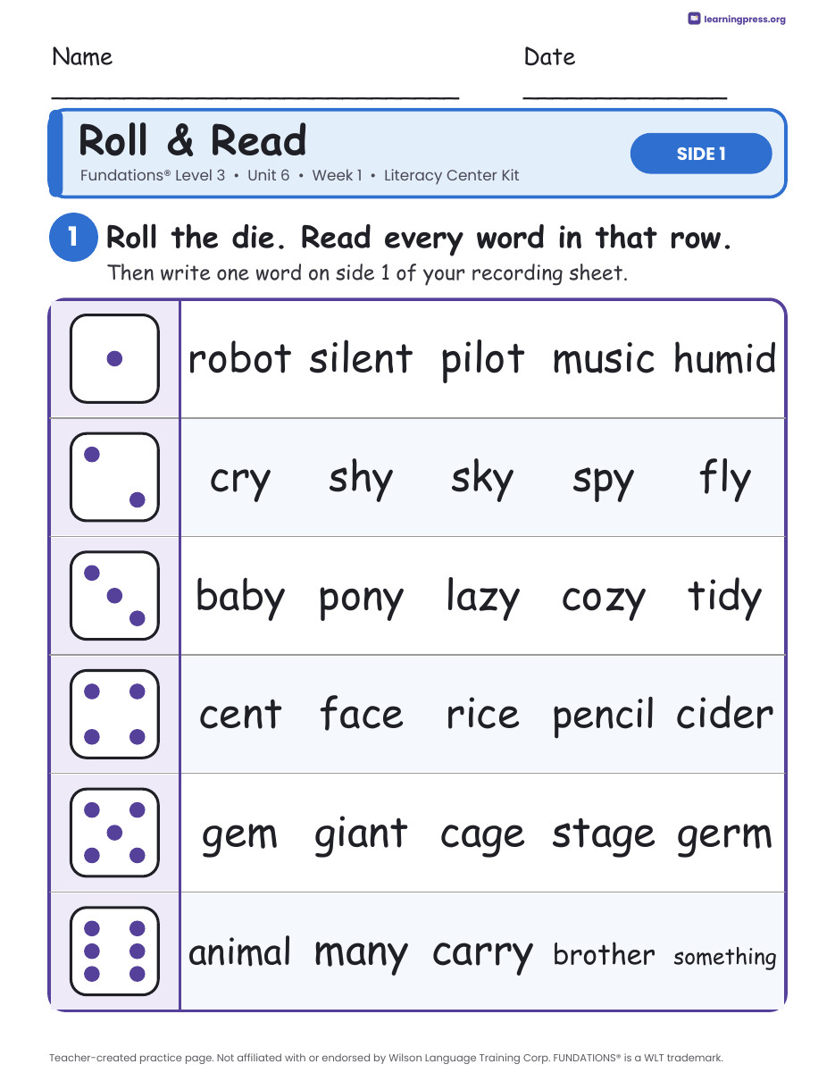 Preview page 1 of Fundations Level 3 Unit 6 Week 1 Literacy Center Kit