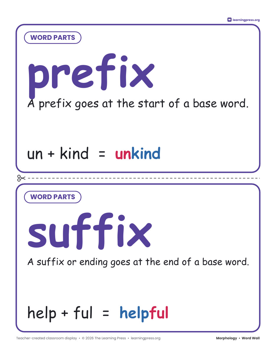 Preview page 1 of Grade 2 Morphology Word Wall · Prefix, Suffix & Ending Cards