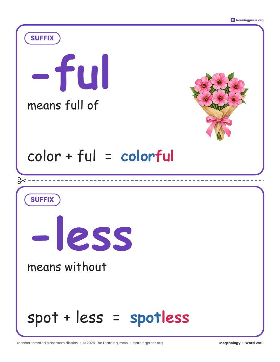 Preview page 3 of Grade 2 Morphology Word Wall · Prefix, Suffix & Ending Cards