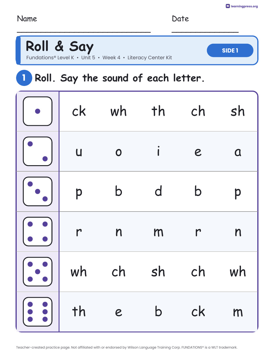 Preview page 1 of Fundations Level K Unit 5 Week 4 Literacy Center Kit