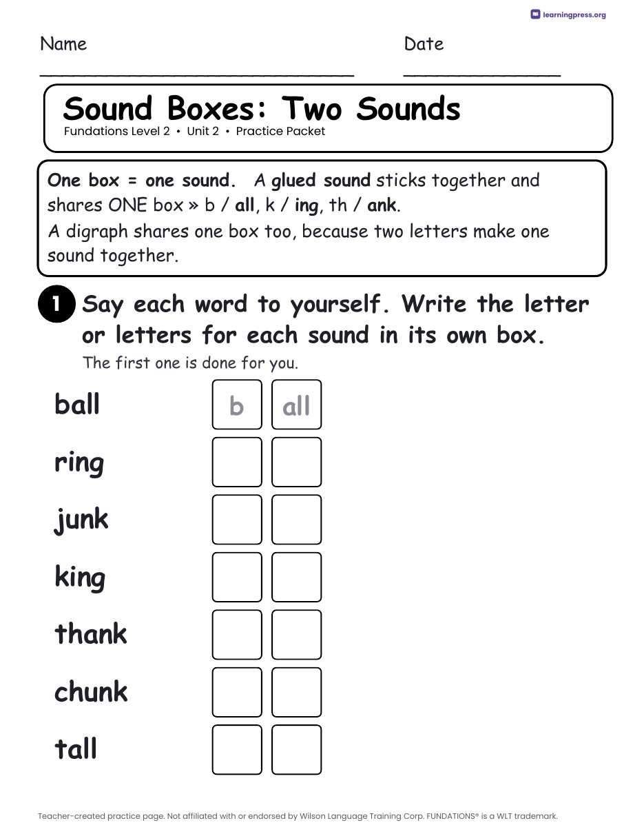 Preview page 1 of Fundations Level 2 Unit 2 Practice Packet