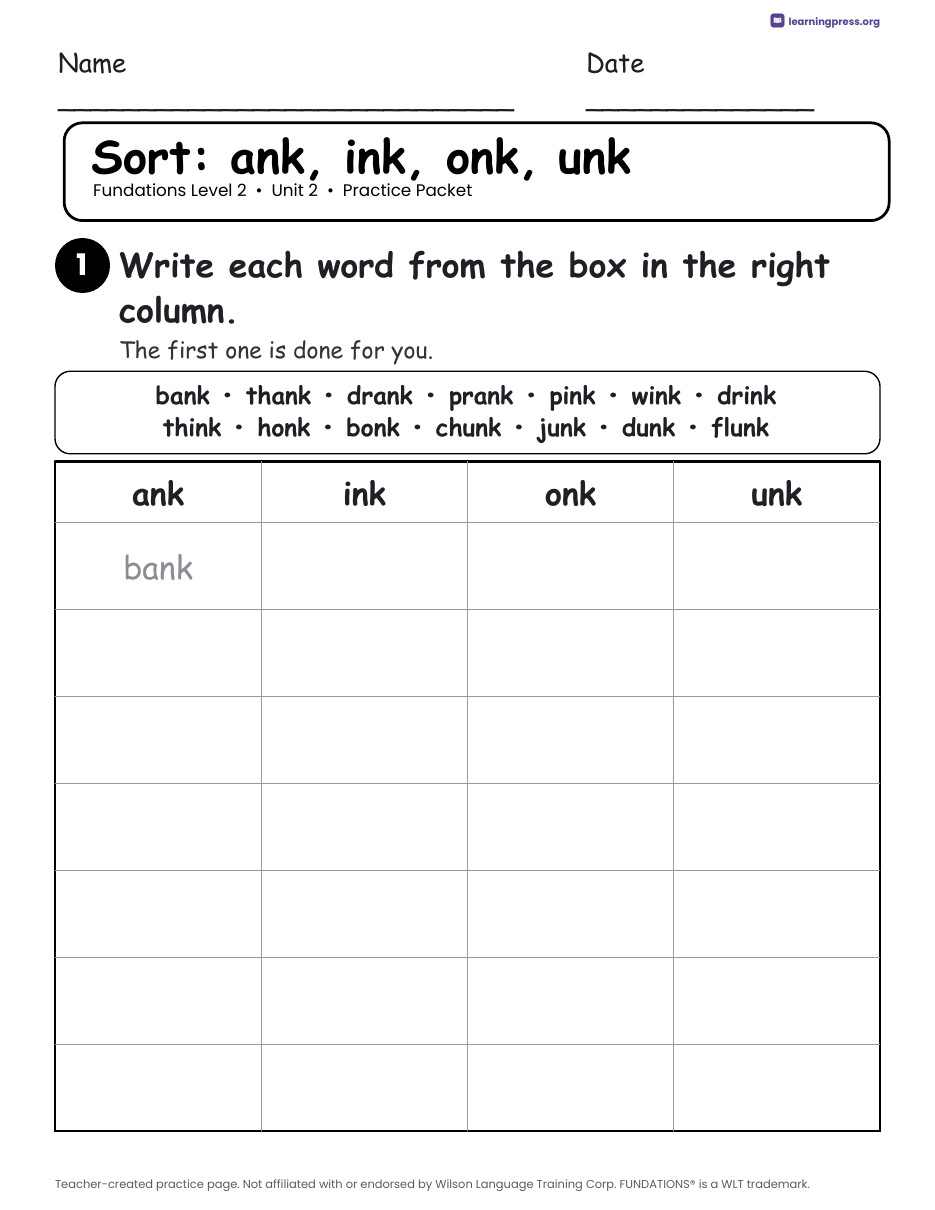 Preview page 2 of Fundations Level 2 Unit 2 Practice Packet