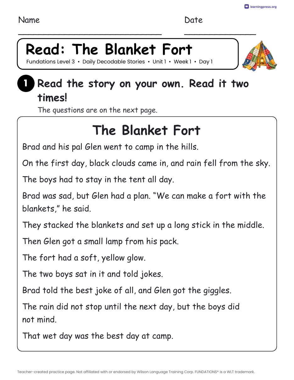 Preview page 1 of Fundations Level 3 Unit 1 Daily Decodable Stories