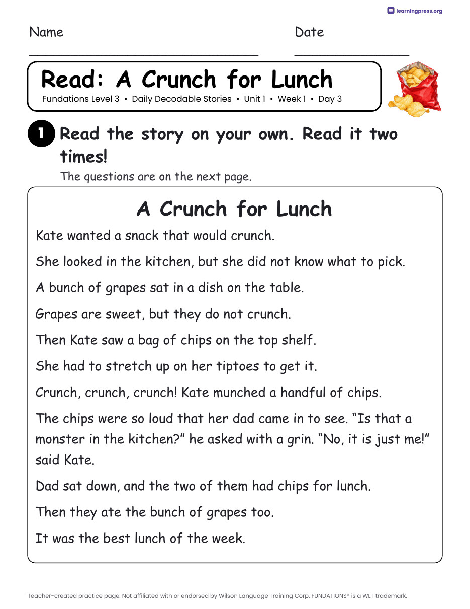 Preview page 2 of Fundations Level 3 Unit 1 Daily Decodable Stories