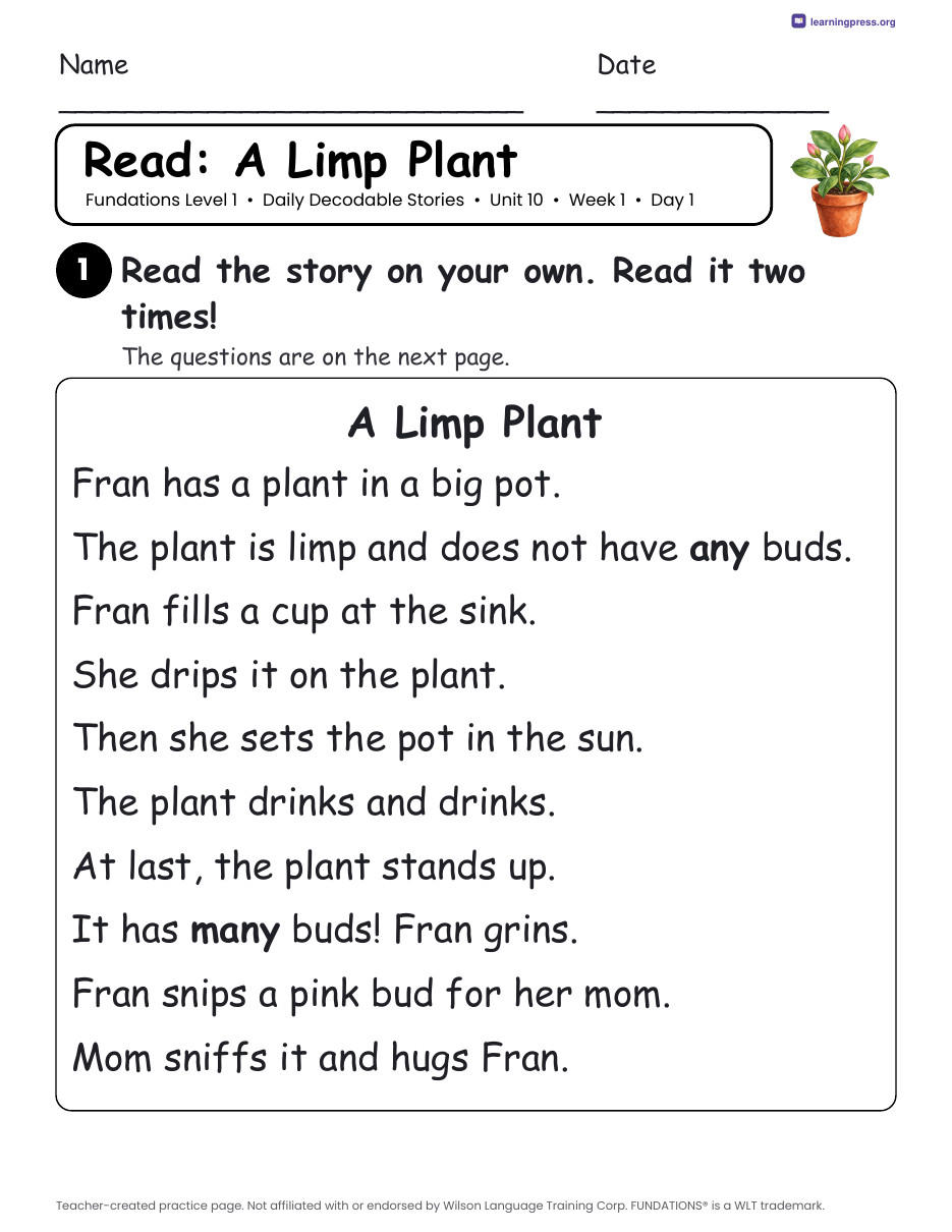 Preview page 1 of Fundations Level 1 Unit 10 Daily Decodable Stories