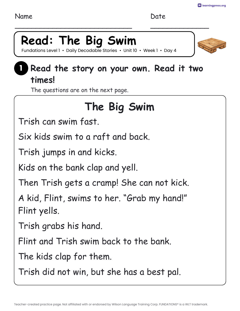 Preview page 2 of Fundations Level 1 Unit 10 Daily Decodable Stories