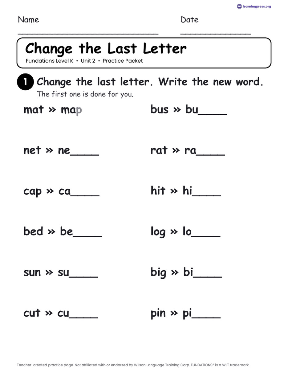 Preview page 4 of Fundations Level K Unit 2 Practice Packet