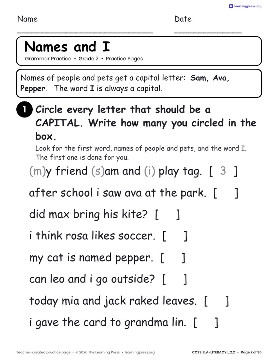 Preview page 2 of Grade 2 Grammar Practice Packet