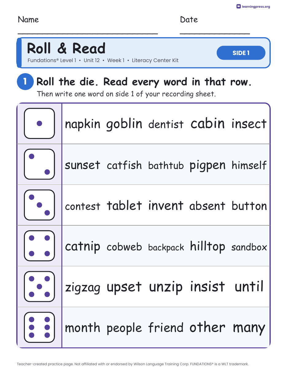Preview page 1 of Fundations Level 1 Unit 12 Week 1 Literacy Center Kit