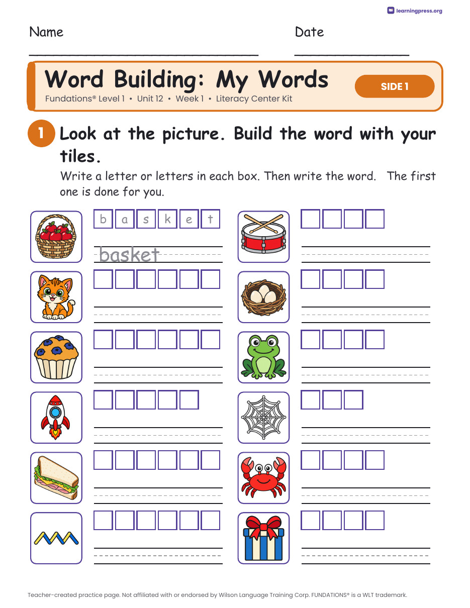 Preview page 2 of Fundations Level 1 Unit 12 Week 1 Literacy Center Kit