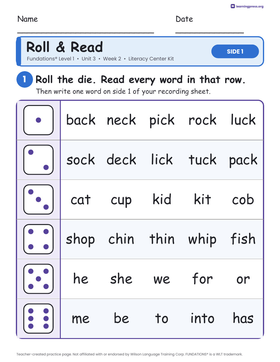 Preview page 1 of Fundations Level 1 Unit 3 Week 2 Literacy Center Kit