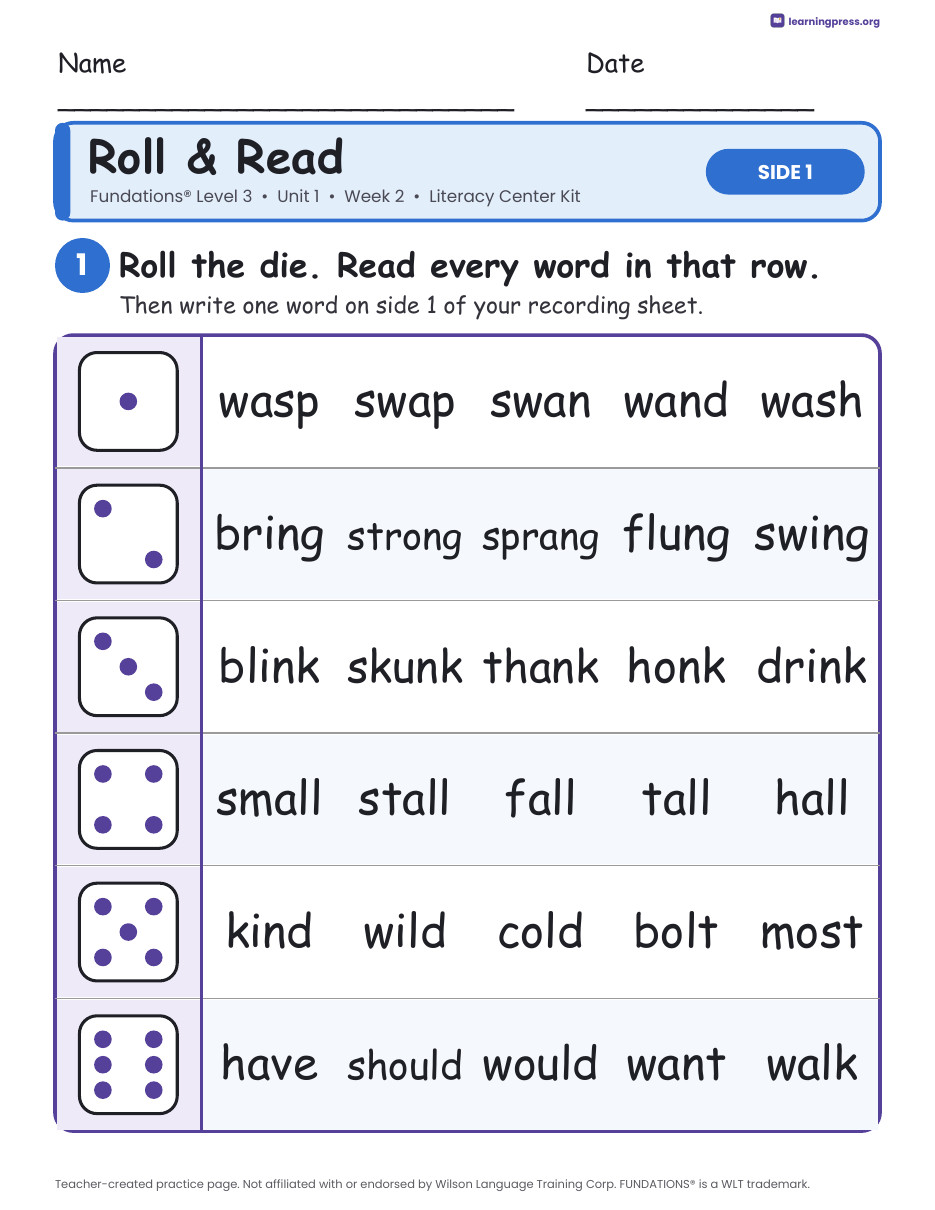 Preview page 1 of Fundations Level 3 Unit 1 Week 2 Literacy Center Kit