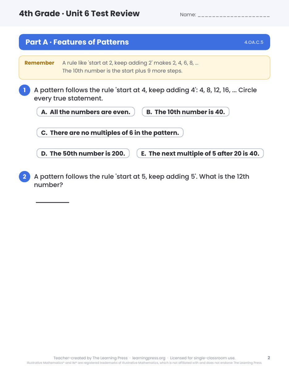 Preview page 1 of Illustrative Math (IM®) Aligned 4th Grade Unit 6 Test Review