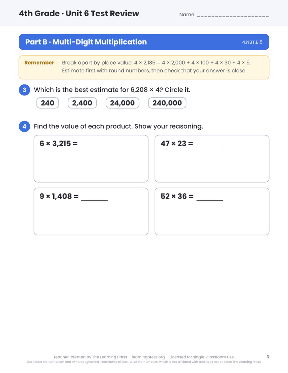 Preview page 2 of Illustrative Math (IM®) Aligned 4th Grade Unit 6 Test Review