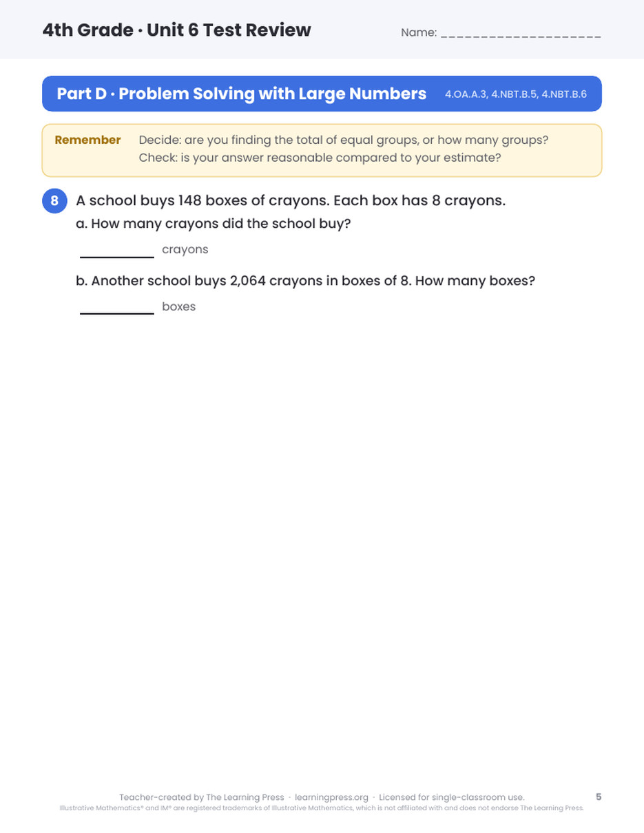 Preview page 4 of Illustrative Math (IM®) Aligned 4th Grade Unit 6 Test Review