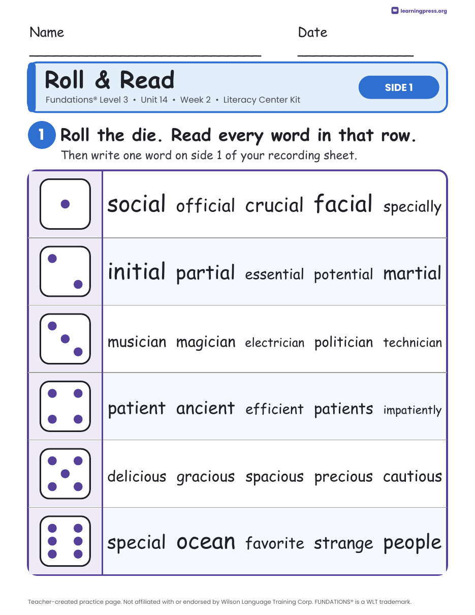 Preview page 1 of Fundations Level 3 Unit 14 Week 2 Literacy Center Kit