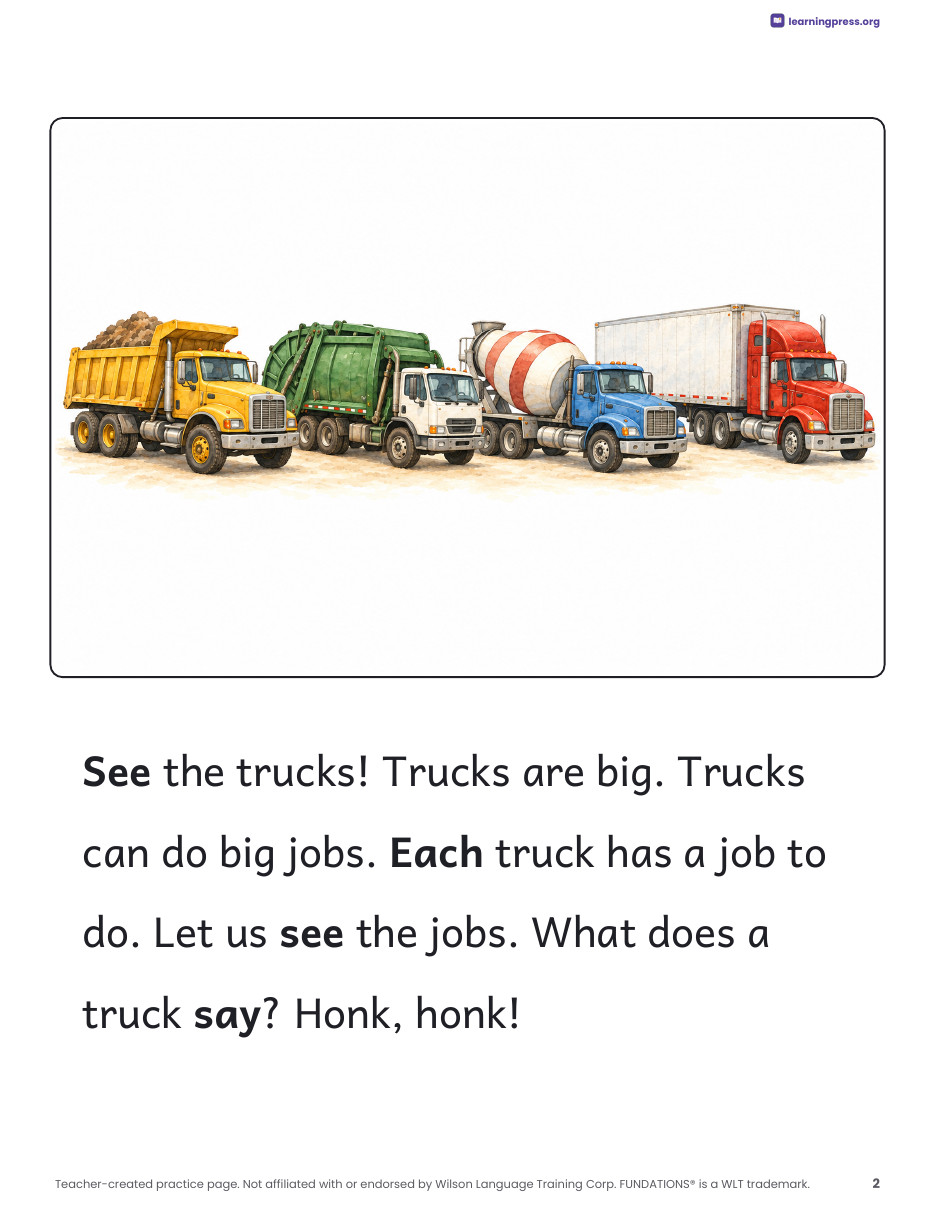 Preview page 1 of Fundations®-Aligned Decodable Nonfiction Book · Level 1 Unit 9: Trucks
