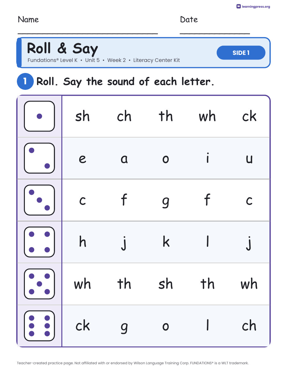 Preview page 1 of Fundations Level K Unit 5 Week 2 Literacy Center Kit