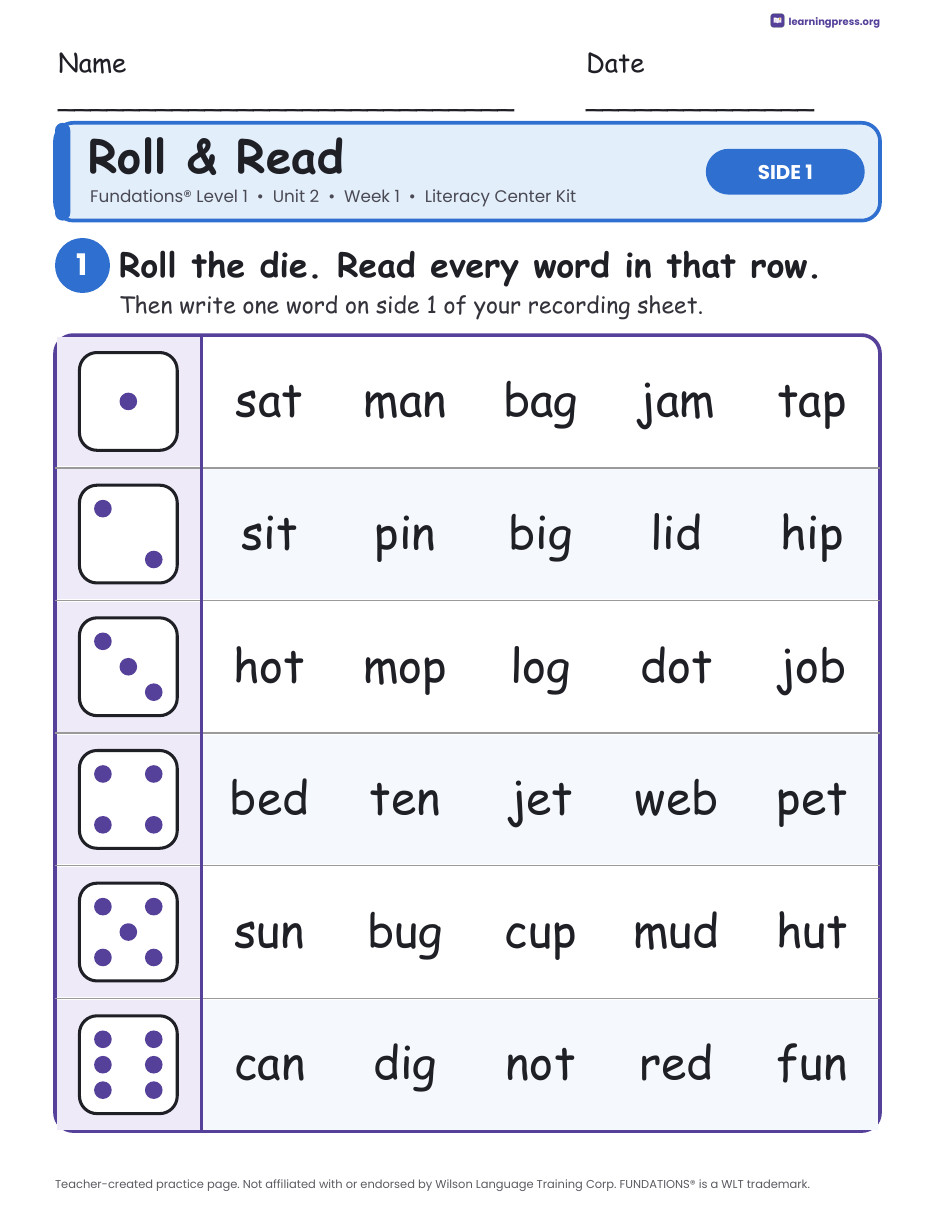 Preview page 1 of Fundations Level 1 Unit 2 Week 1 Literacy Center Kit