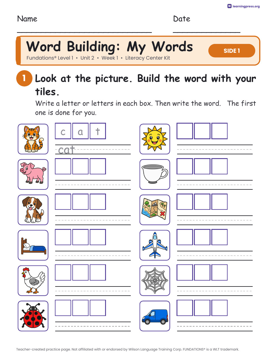 Preview page 2 of Fundations Level 1 Unit 2 Week 1 Literacy Center Kit
