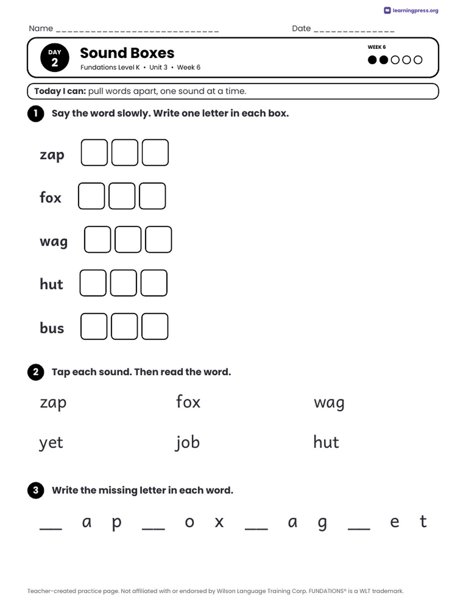 Preview page 3 of Fundations LEVEL K — Full-Year Daily Lesson Work Page Bundle (All Units 1–5)