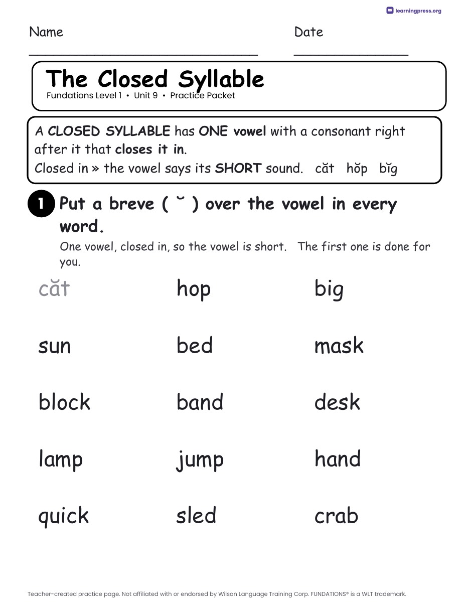 Preview page 1 of Fundations Level 1 Unit 9 Practice Packet