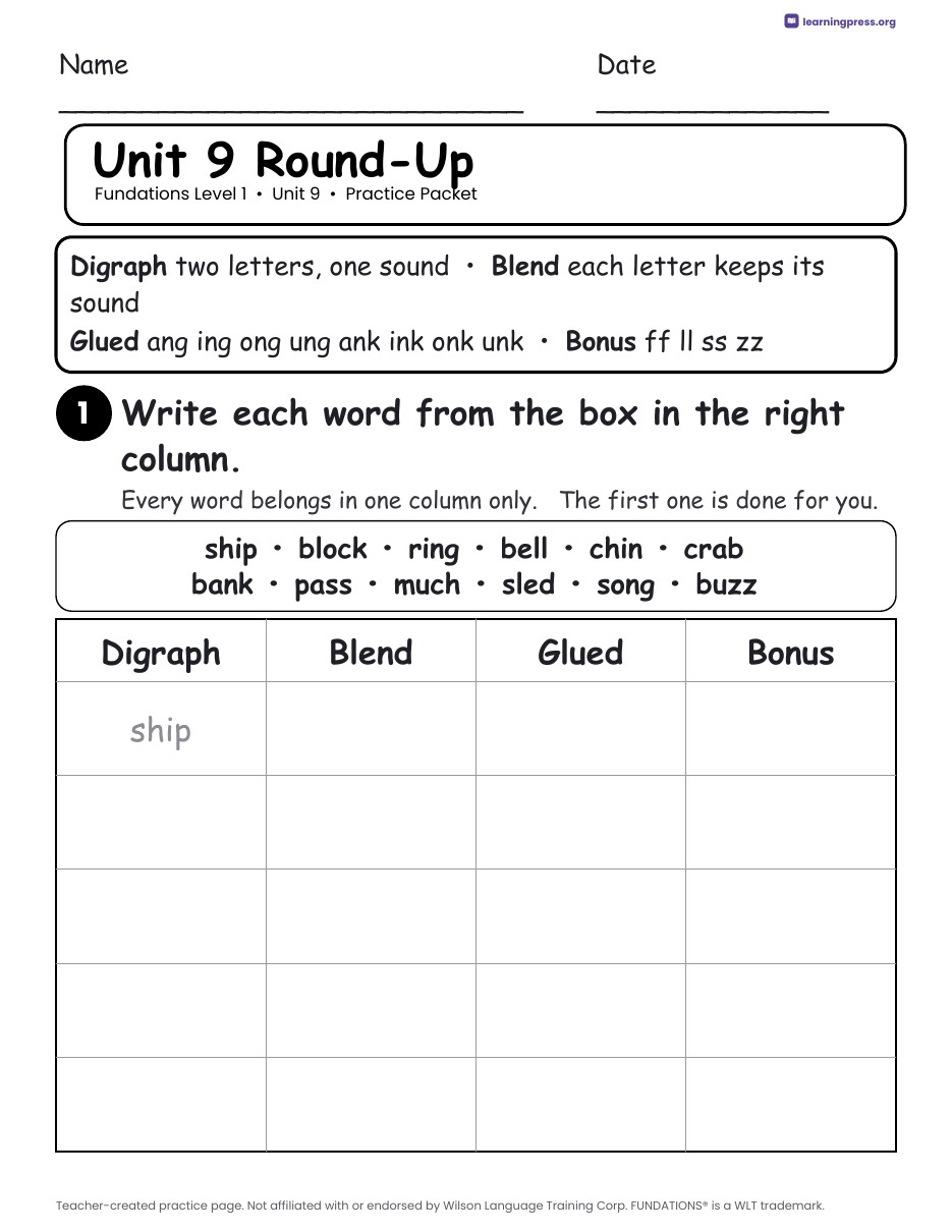 Preview page 4 of Fundations Level 1 Unit 9 Practice Packet