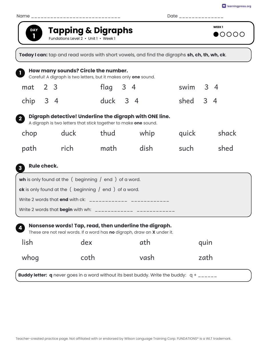 Preview page 1 of Free Fundations Level 2 Unit 1 Daily Lesson Work Pages Sample