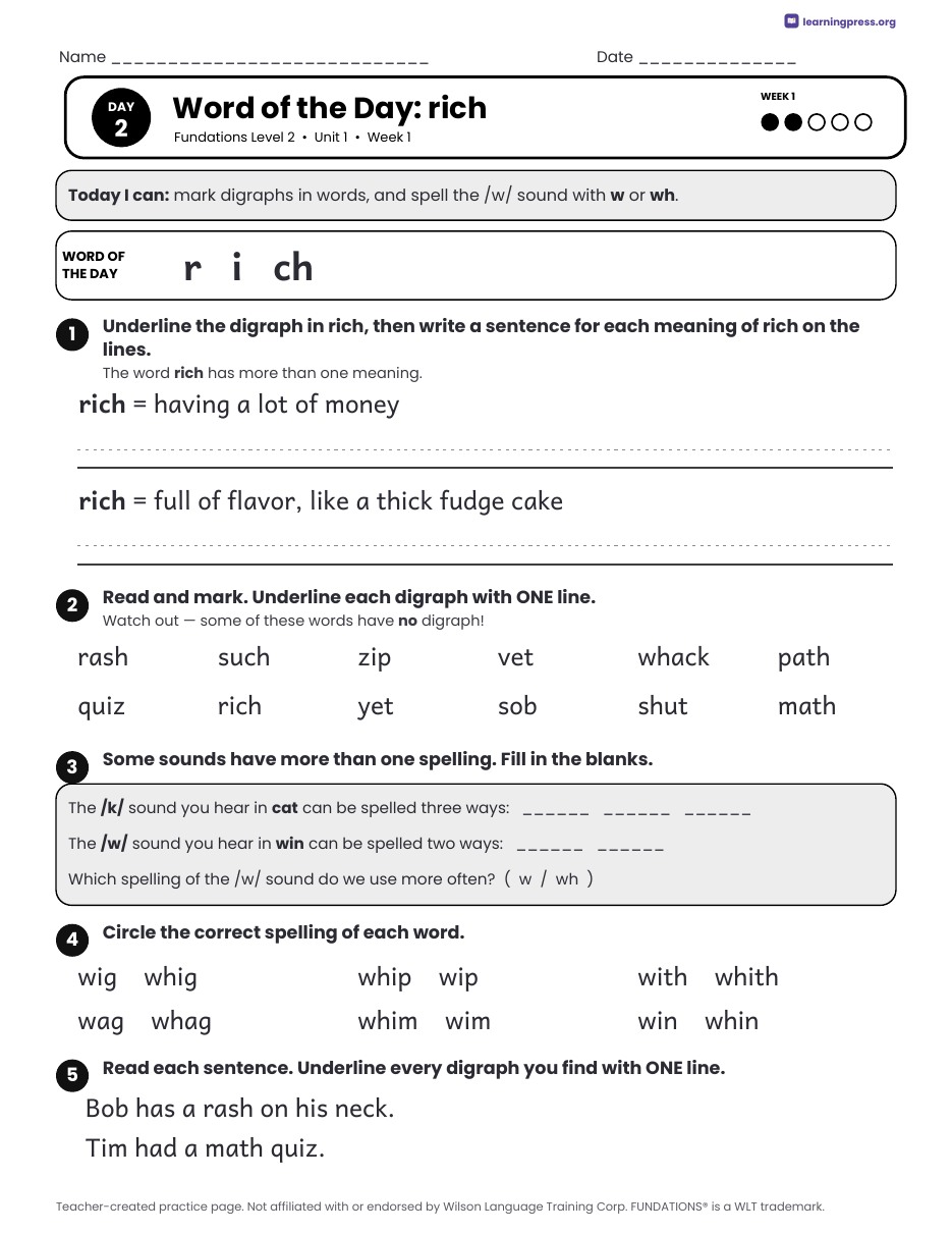 Preview page 2 of Free Fundations Level 2 Unit 1 Daily Lesson Work Pages Sample