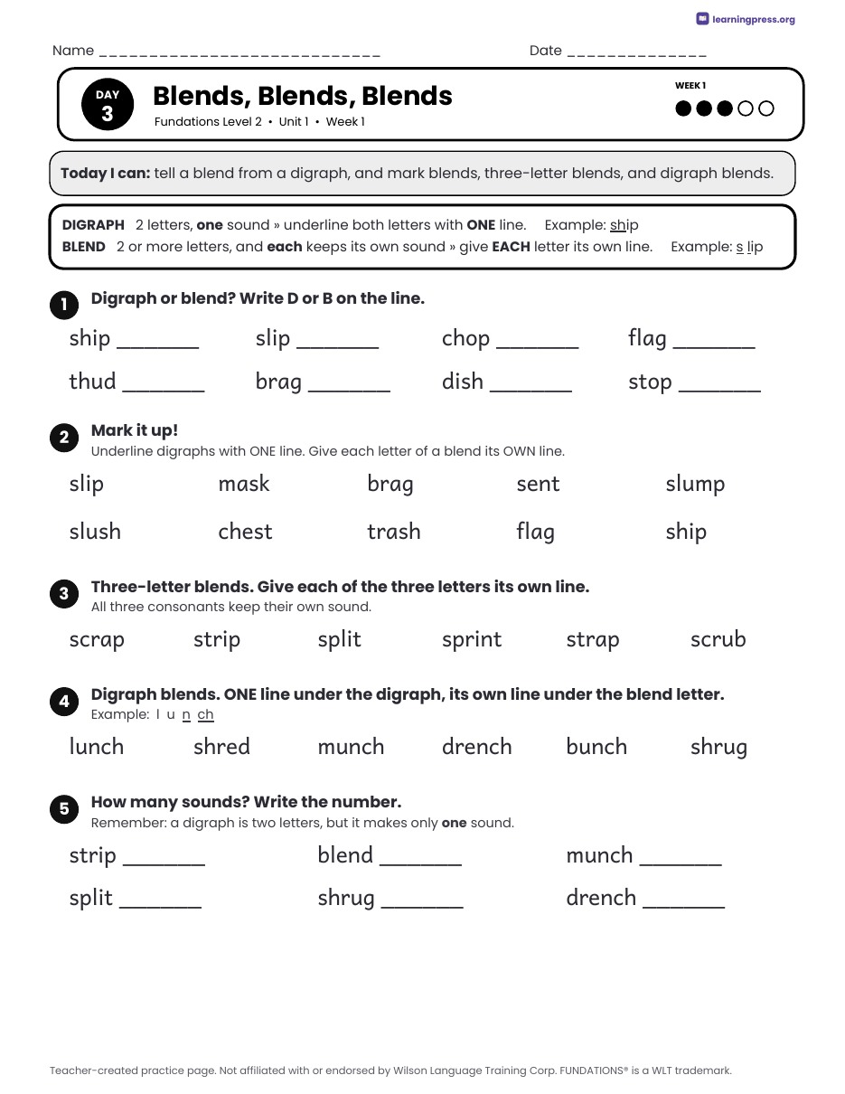 Preview page 3 of Free Fundations Level 2 Unit 1 Daily Lesson Work Pages Sample