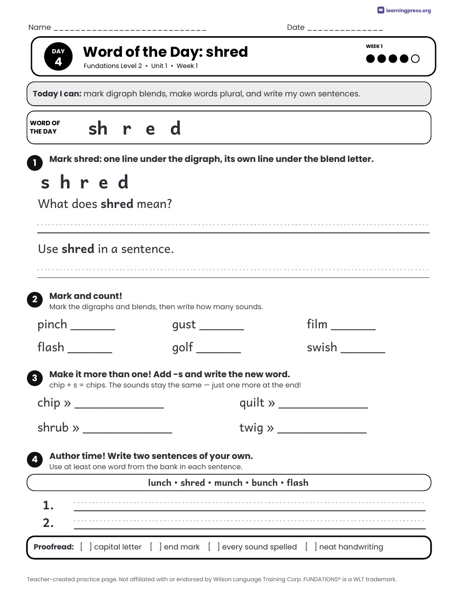 Preview page 4 of Free Fundations Level 2 Unit 1 Daily Lesson Work Pages Sample