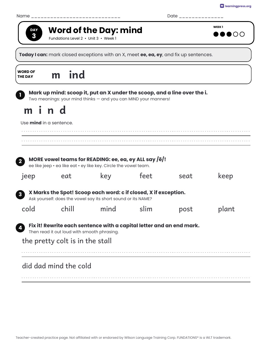 Preview page 2 of Fundations Level 2 Unit 3 Daily Lesson Work Pages