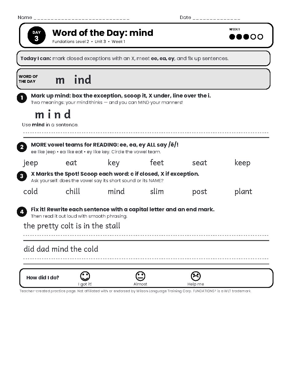 Preview page 4 of Fundations Level 2 Unit 3 Practice Pack