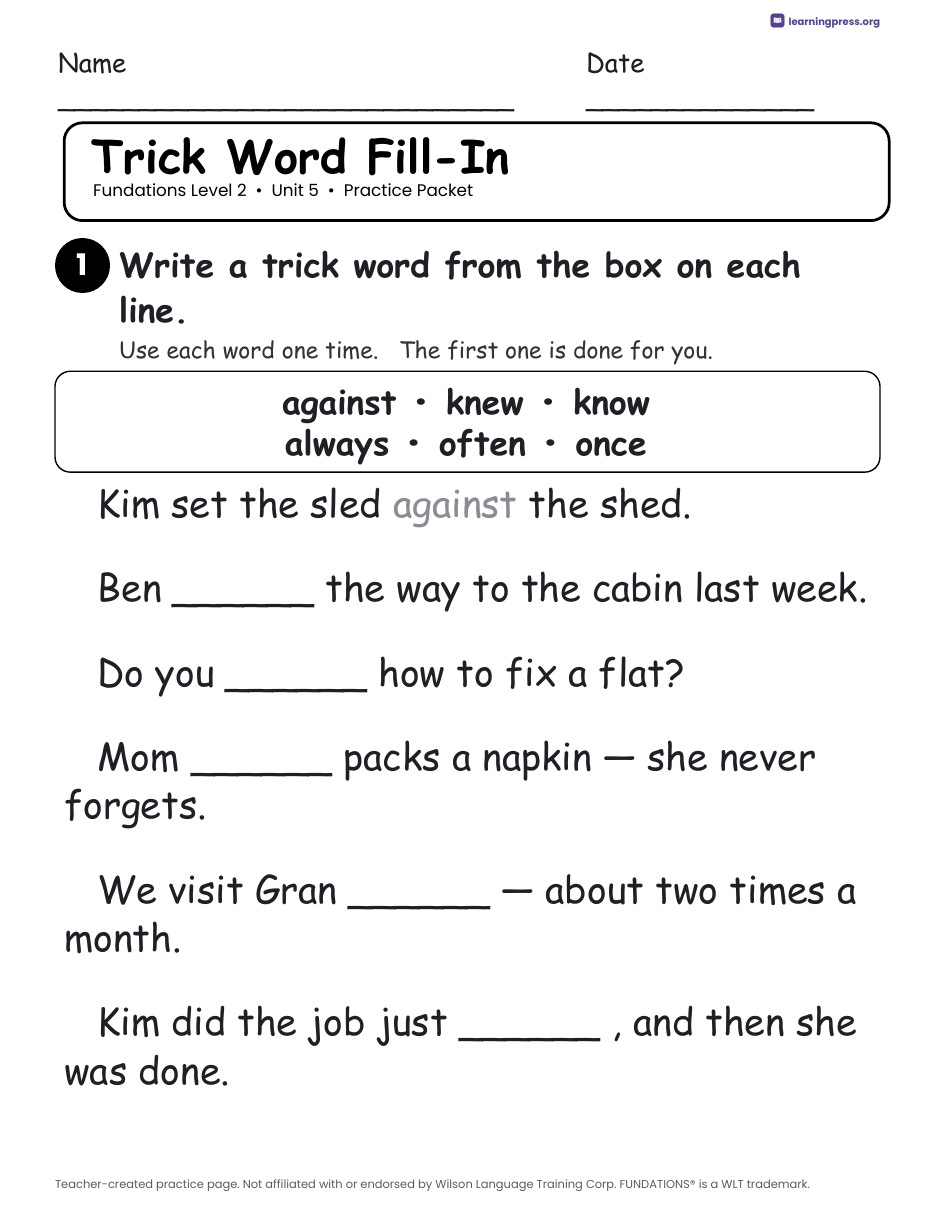 Preview page 3 of Fundations Level 2 Unit 5 Practice Packet