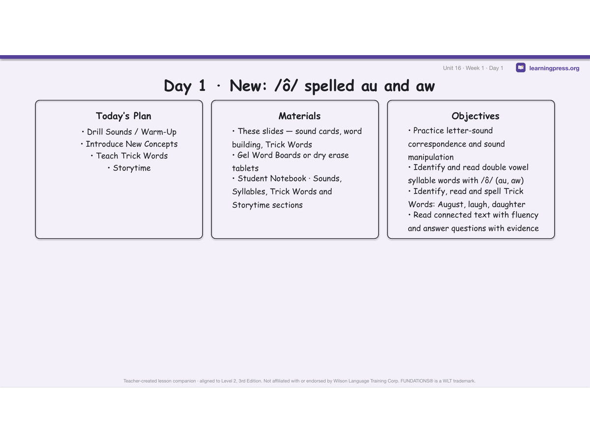 Preview page 1 of Fundations Level 2 Unit 16 Lesson Slides – 3rd Edition Aligned