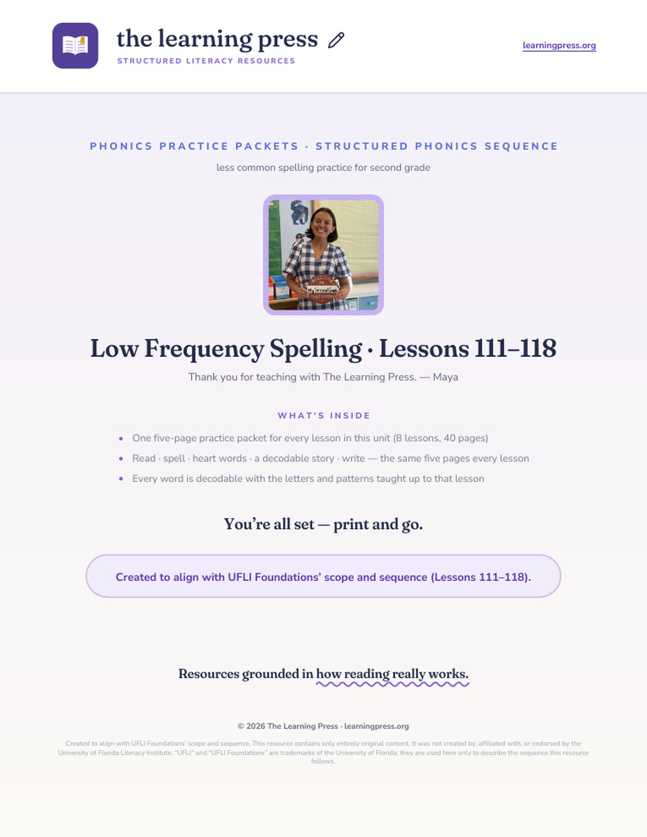 Preview page 1 of Low Frequency Spelling Unit Bundle · Lessons 111–118